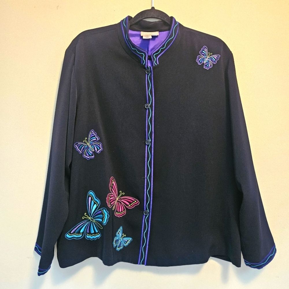 Vintage Coldwater Creek Jacket Women Sz PL Black w/ Butterflies Purple Blue Trim
